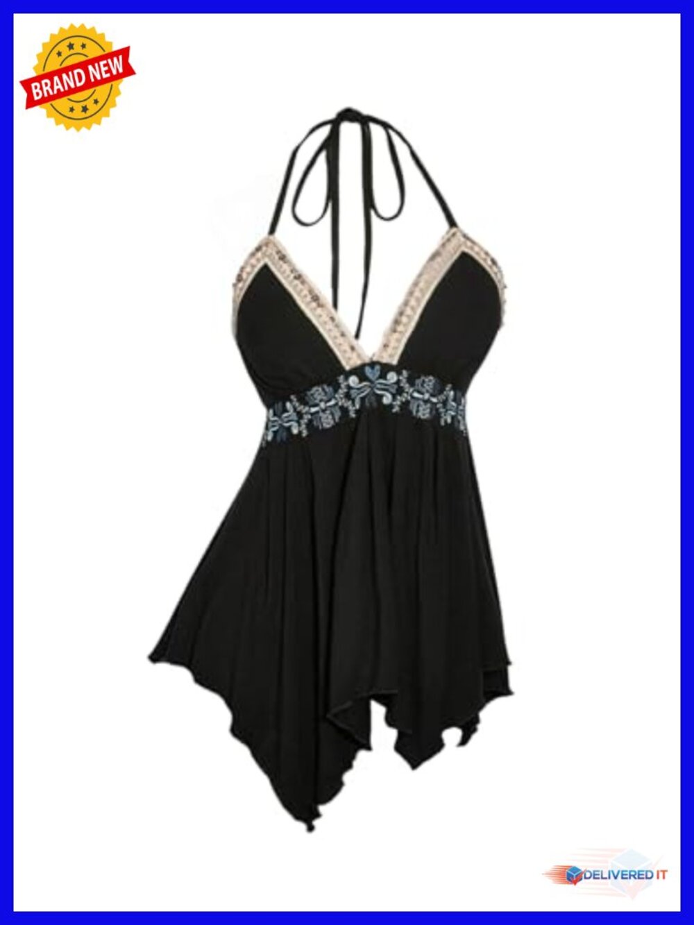 Bohemian Embroidered Halter Top Sleeveless Ruffle Hem Viscose